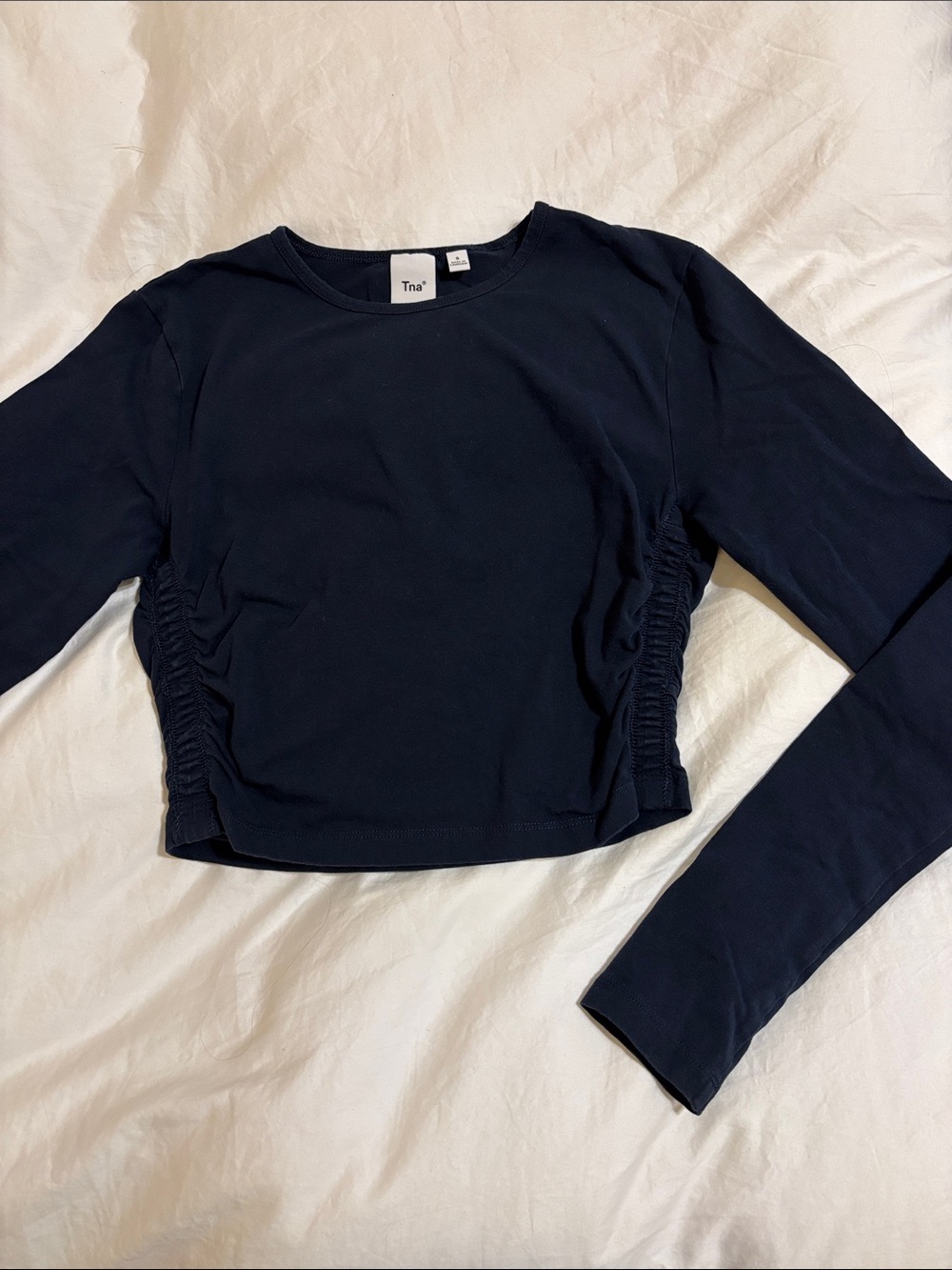 TNA Navy Long Sleeve Ruched Side Crop Top